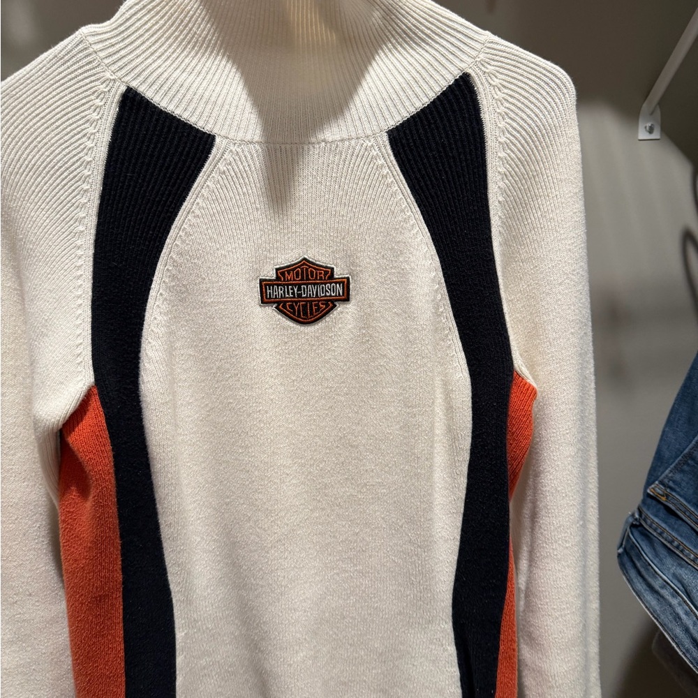 Harley-Davidson Women's White, Black, and Orange Turtleneck Sweater